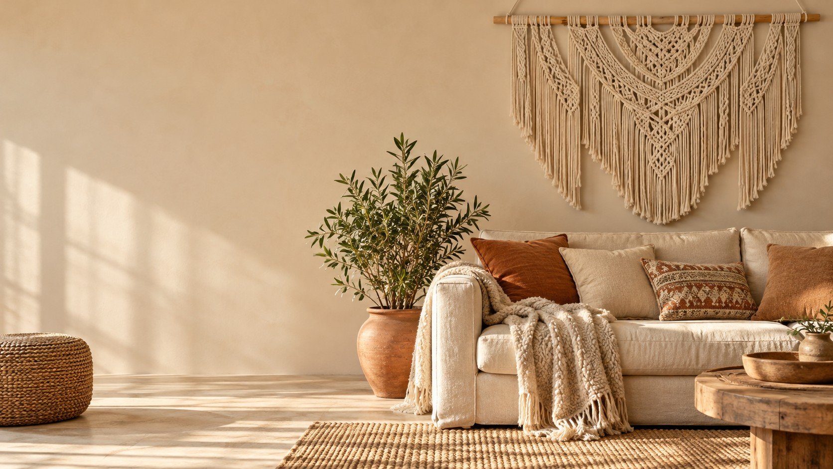Macramé mural en coton écru au-dessus d'un canapé dans un salon bohème
